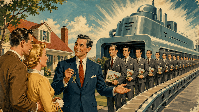 A retro 1940s-style advertising illustration showing one distinct real estate agent working personally with homebuyers beside a suburban home, while rows of identical agents emerge from a large machine. The image represents how AI platforms can make real estate marketing sound the same unless agents build a distinct personal brand.