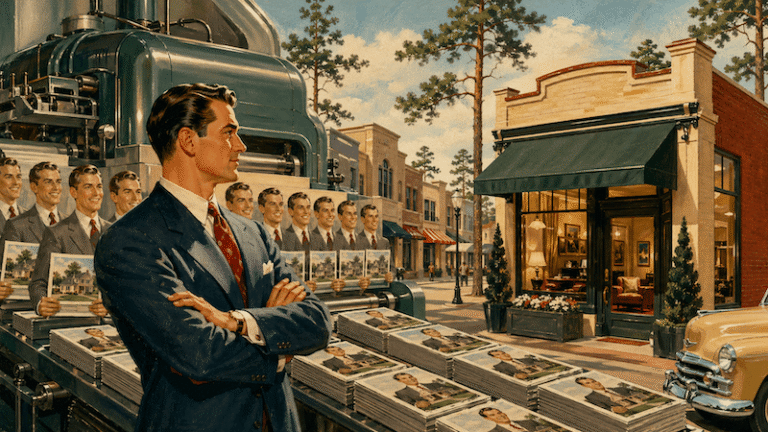 1940s-style advertising illustration showing a local business owner standing apart from a machine producing identical marketing materials, symbolizing how generic AI content makes businesses sound the same while distinct AI marketing helps companies in The Woodlands stand out.