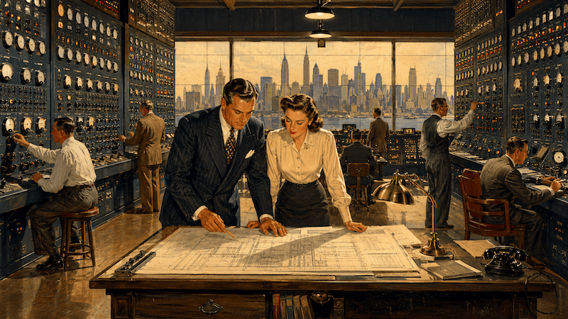 A 1940s magazine-style illustration of a man and woman overseeing a vast intelligence control room, representing how human-built AI architecture determines competitive advantage in business.