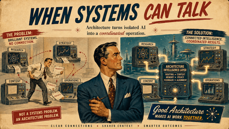 Diagram showing how AI architecture connects isolated systems including research, strategy, content, and operations into a coordinated operation with a shared intelligence layer.