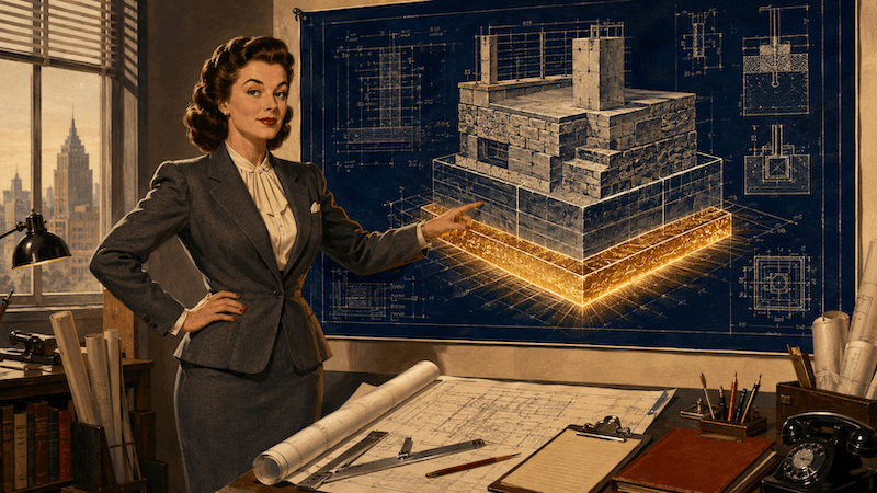 A 1940s magazine illustration of a businesswoman presenting a detailed architectural foundation blueprint, representing the hidden intelligence layer that must be built before deploying any AI content system.
