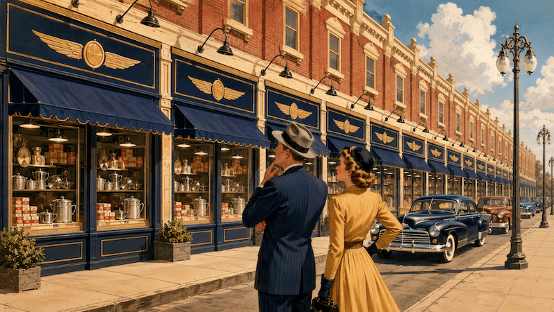 A 1940s magazine illustration of a couple standing on a main street looking down a row of completely identical storefronts, representing how AI marketing tools are producing indistinguishable content across competing businesses in the same category.