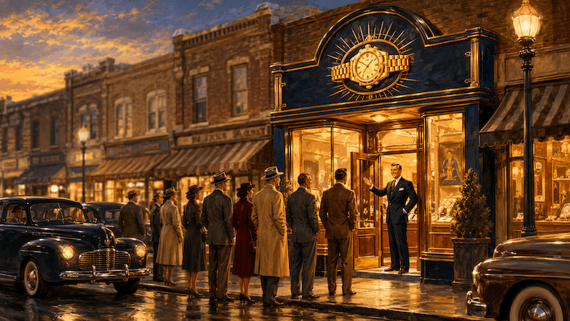 A 1940s magazine illustration of a single distinct storefront standing out on a busy street of identical businesses, with warm light, a unique sign, and a line of customers, representing how a properly built AI intelligence layer produces content that separates a business from competitors using the same AI tools.
