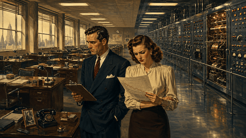 A 1940s magazine-style illustration depicting a divided corporate office, with empty worker desks on one side and humming AI machines on the other, representing the 2026 AI layoff and ROI paradox.