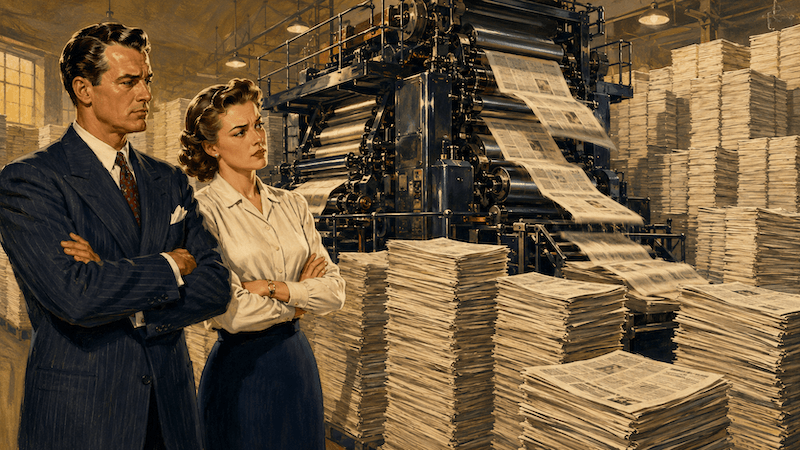 A 1940s magazine illustration of a businessman in a suit standing with arms crossed in front of an industrial printing press churning out thousands of identical newspapers, representing how AI-generated content is making business marketing indistinguishable at scale.
