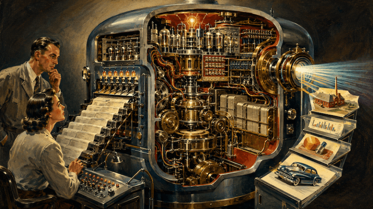 Vintage-style illustration of two engineers studying the inner workings of a large complex machine, representing the intelligence layer behind AI systems.