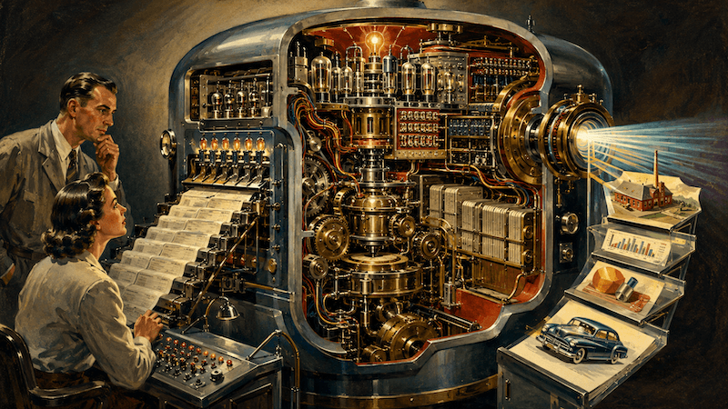 Vintage-style illustration of two engineers studying the inner workings of a large complex machine, representing the intelligence layer behind AI systems.