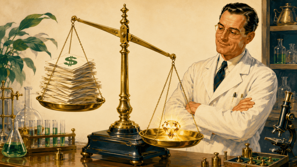 A 1940s magazine illustration of a scientist observing a balance scale where a small glowing gem representing brand differentiation outweighs a large pile of papers representing price competition, illustrating how AI content sameness erodes pricing power.