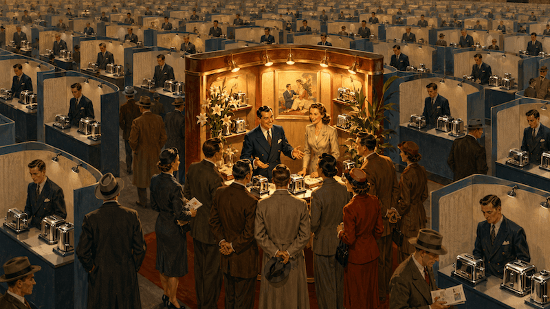 A 1940s magazine-style illustration of one warmly lit human booth drawing a crowd in a marketplace of identical AI-generated competitors, representing consumer preference for human-made content and the AI sameness problem.