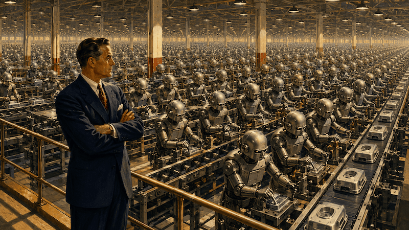 A 1940s magazine-style illustration showing an endless factory floor of identical robots producing identical outputs on an assembly line, with a single suited man standing apart observing the scene, representing the AI sameness problem and its growing consequences for businesses publishing generic AI content.