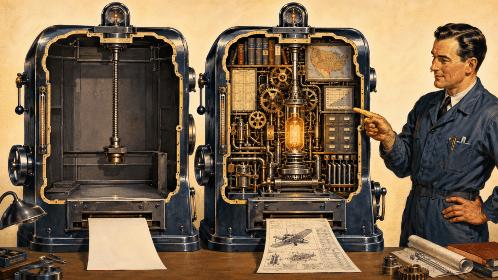 A 1940s magazine cutaway illustration showing two identical machines side by side, one hollow and producing a blank output, the other filled with an internal operating architecture of gears, charts, and intelligence producing a detailed document, representing the difference between surface-level AI use and a properly built AI content system.