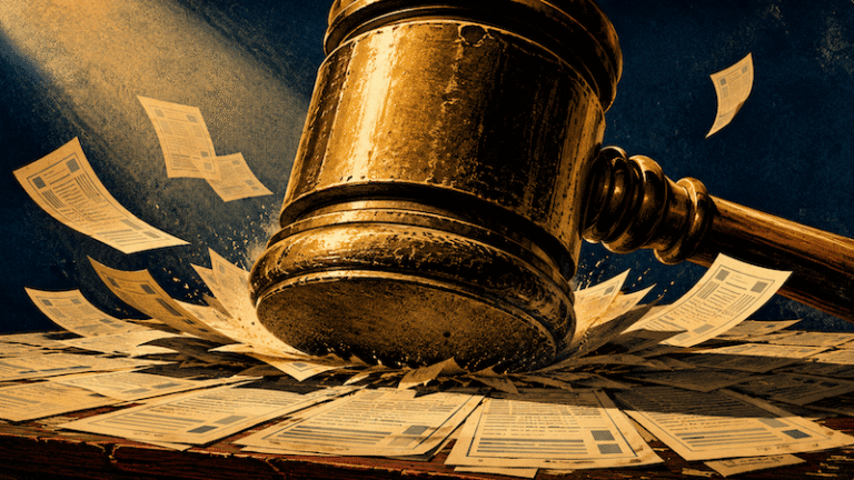 A dramatic 1940s magazine-style illustration of a massive iron gavel coming down with full force onto a desk covered in identical, indistinguishable documents, representing LinkedIn's algorithmic suppression of generic AI-generated content and the growing commercial cost for businesses that have not built a distinctive AI content foundation.
