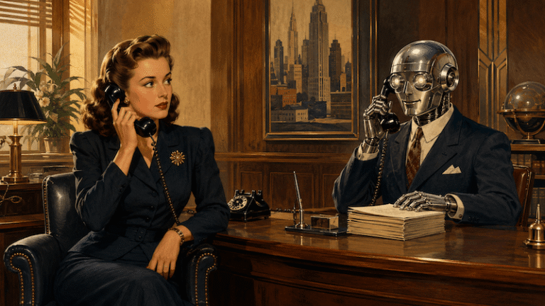 A 1940s-style magazine illustration showing a businesswoman and a robot receptionist on the phone, representing AI voice agents in small business settings.