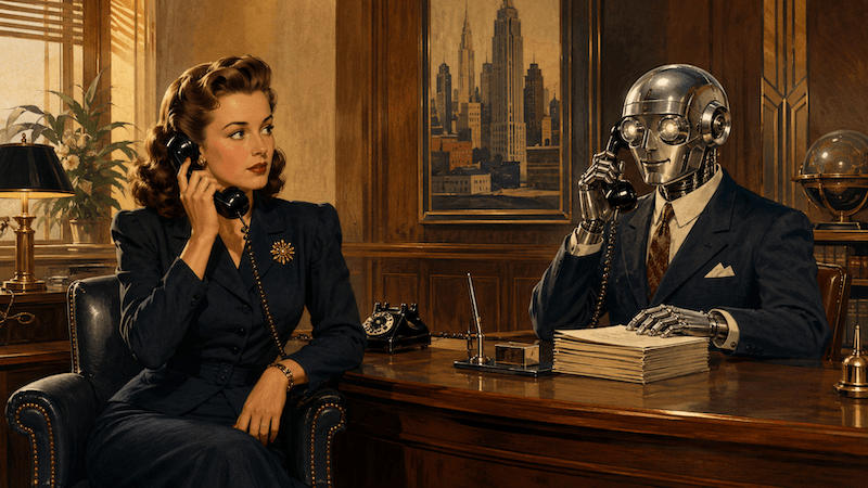 A 1940s-style magazine illustration showing a businesswoman and a robot receptionist on the phone, representing AI voice agents in small business settings.
