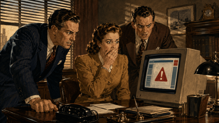 A 1940s-style magazine illustration showing three office workers gathered around a computer monitor, horrified to discover their AI-built website cannot be found in search engines or AI search tools.